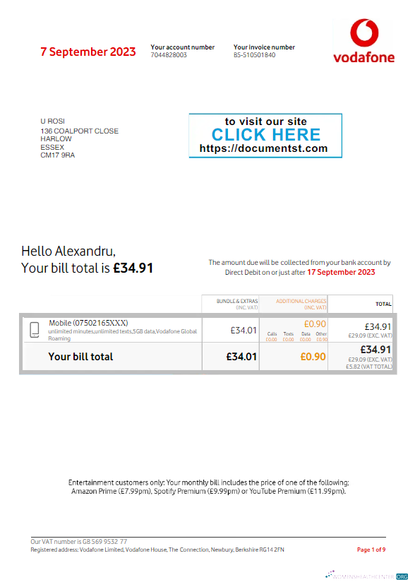 download download UNITED KINGDOM VODAFONE utility bill Word and PDF template, version 3 PDF template PDF template